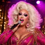 Glamorous drag singer in a sparkling pink costume performing with a microphone at Drag Brunch in Las Vegas.