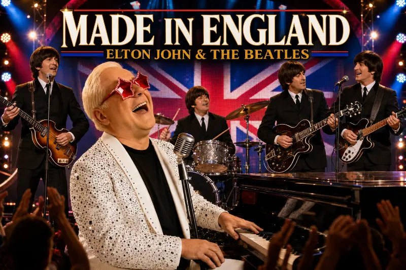 An Elton John tribute pianist and four Beatles tribute musicians perform together beneath the Made in England title in Las Vegas.