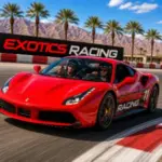 Professional instructor coaches a guest while driving a red Ferrari at high speed during an Exotics Racing experience on a Las Vegas road course.