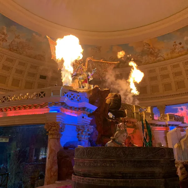 Fire and water effects during the Fall of Atlantis fountain show at Caesars Palace