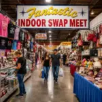 Shoppers browsing vendor booths inside Fantastic Indoor Swap Meet in Las Vegas.