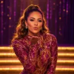 Glamorous FANTASY Las Vegas performer blowing a kiss toward the camera in a sparkling magenta-and-gold costume.