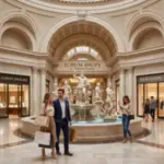Shoppers with bags near the Fountain of the Gods inside the Forum Shops at Caesars Palace.