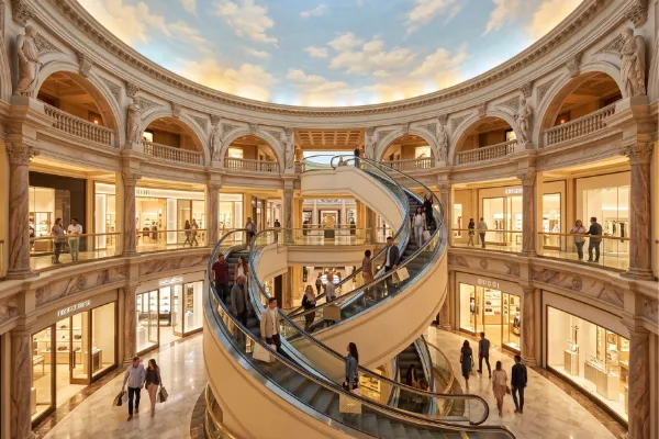 Shoppers ride the spiral escalator beneath the painted-sky ceiling inside the Forum Shops at Caesars Palace.