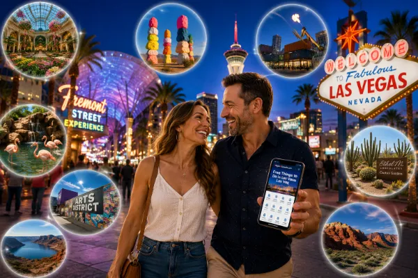 Couple exploring downtown Las Vegas while discovering free attractions including Fremont Street, Seven Magic Mountains, the Arts District, Flamingo Wildlife Habitat, Ethel M Cactus Garden, and other iconic free experiences featured on Vegas4Locals.