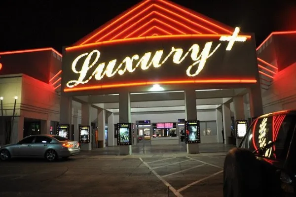 The sleek modern outdoor plaza storefront of the Galaxy Theatres Green Valley in Henderson.
