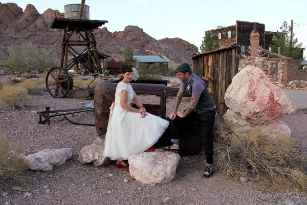 Rustic Nelson Ghost Town wedding setting with historic buildings and desert scenery near Las Vegas