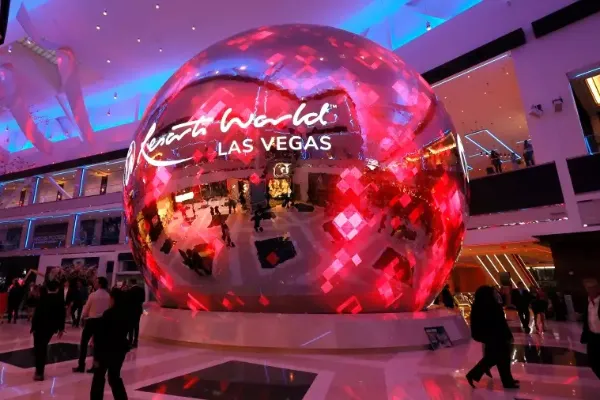 World-themed digital imagery displayed across The Globe at Resorts World Las Vegas