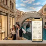 Shoppers with bags at Grand Canal Shoppes beside a branded Premier Passport savings screen.