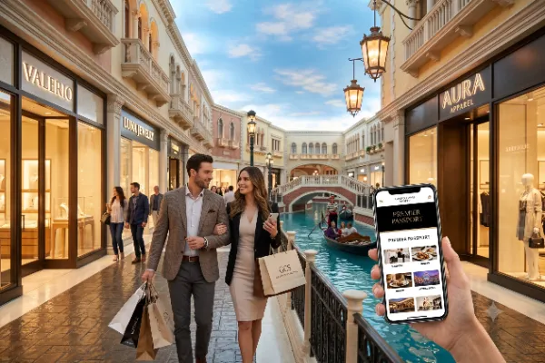 Shoppers carrying bags while viewing the Grand Canal Shoppes Premier Passport inside The Venetian Las Vegas.
