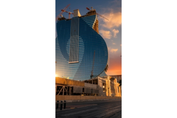 Hard Rock Las Vegas Guitar Hotel under construction at sunset, July 2, 2026