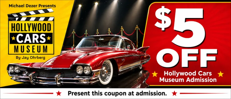 ollywood Cars Museum $5 off admission coupon featuring a red classic show car in Las Vegas.