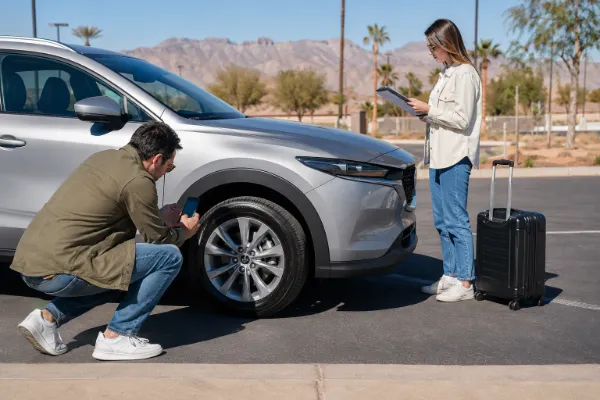 Traveler photographs a rental car’s wheel and lower body panel while a companion checks the vehicle condition form in Las Vegas.