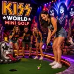 Friends play a MISS Themed mini-golf course in Las Vegas.