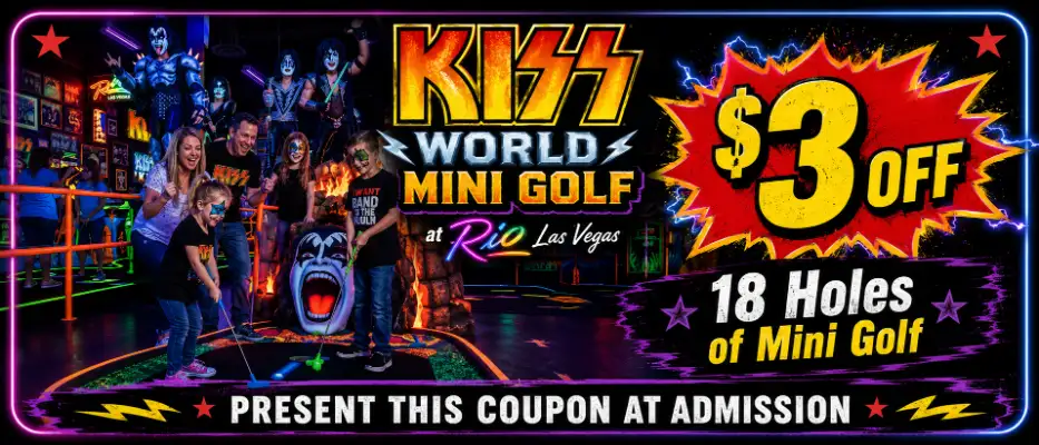 KISS World Mini Golf $3 off coupon for 18 holes at Rio Las Vegas.
