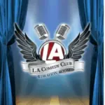 L.A. Comedy Club logo between blue curtains.