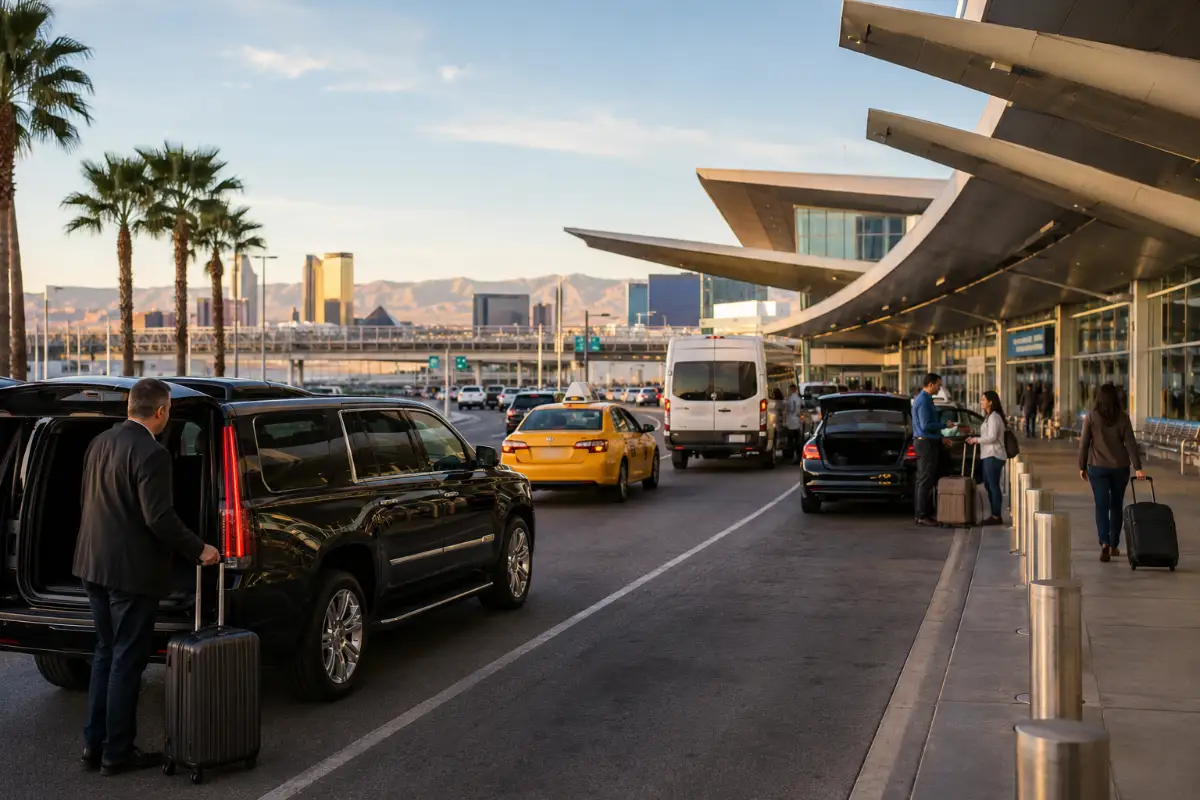 Travelers use private cars, taxis, shuttles, and rideshare vehicles outside Harry Reid International Airport in Las Vegas.