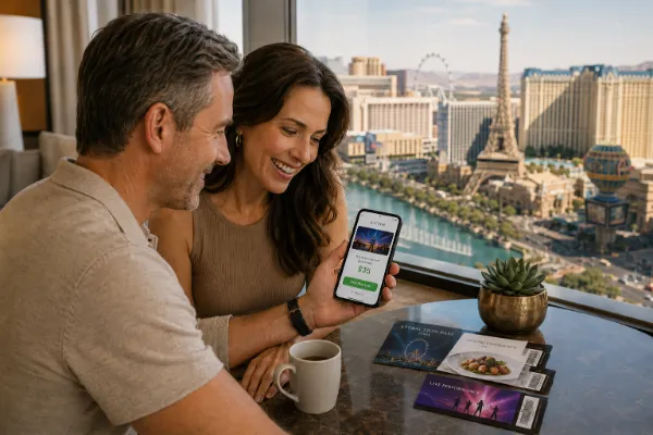 Couple viewing a winning $35 bid for Las Vegas experiences from their hotel room overlooking the Strip.