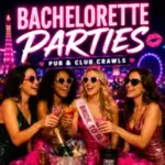 Women celebrating a Las Vegas bachelorette party with drinks and neon nightlife graphics promoting pub and club crawls.