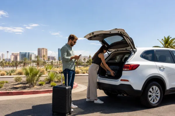 Travelers load luggage into a rental SUV while planning their driving route near the Las Vegas Strip.