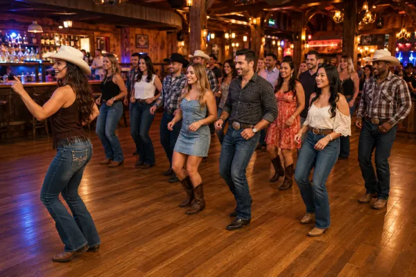 Guests following a line dancing lesson inside a Las Vegas country music venue.