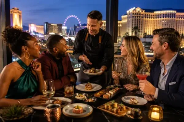 Group of friends enjoying luxury rooftop dining and cocktails overlooking the lit-up Las Vegas Strip skyline at dusk.