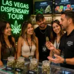 Adult guests learn about licensed cannabis products during a guided Las Vegas dispensary tour with expert recommendations.