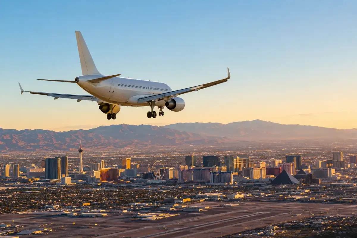 A commercial airplane descends over the Las Vegas Strip and surrounding desert mountains at golden hour.