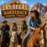 Guests ride horseback through the scenic Nevada desert during a guided Las Vegas horseback riding tour.