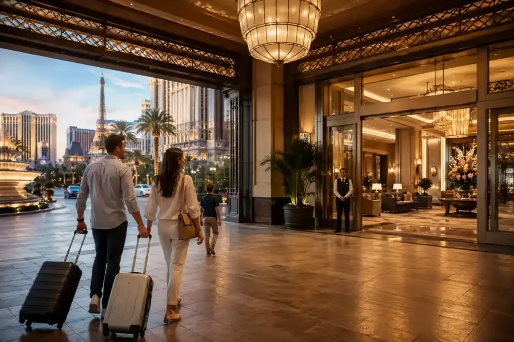 Travelers arrive with luggage at an upscale Las Vegas resort entrance with the Strip skyline in the background.