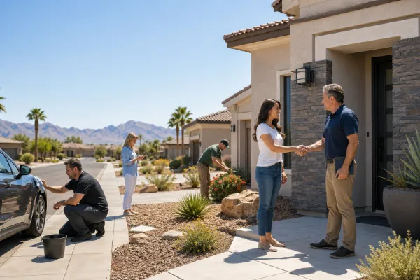 Las Vegas homeowner greeting a local service professional while nearby workers detail a car and maintain desert landscaping.