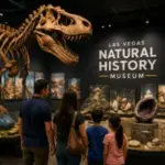 Visitors explore dinosaur fossils, wildlife exhibits, and natural history displays at the Las Vegas Natural History Museum.