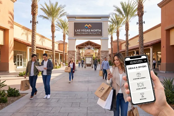 Shoppers arriving at Las Vegas North Premium Outlets with bags while checking current deals on a phone.