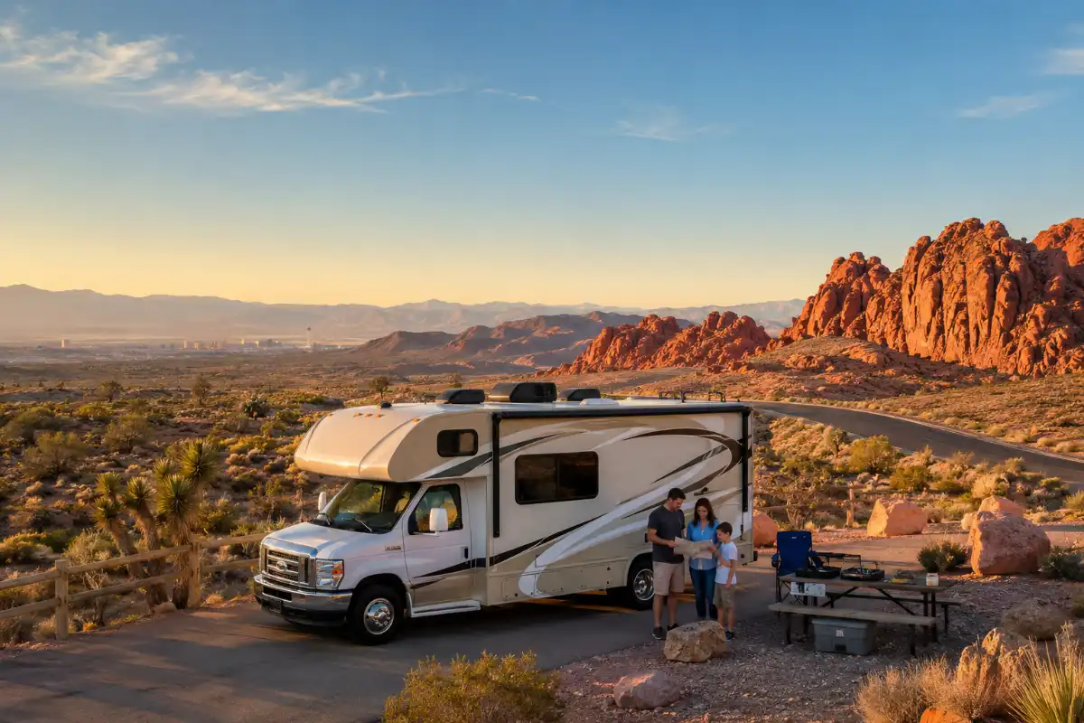 A family reviews a map beside a rental RV near red rock scenery and desert mountains outside Las Vegas.