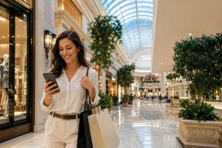 Shopper finding savings while exploring an elegant indoor shopping destination in Las Vegas.