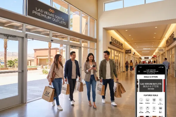 Asian shoppers entering Las Vegas South Premium Outlets and checking current store deals before shopping.