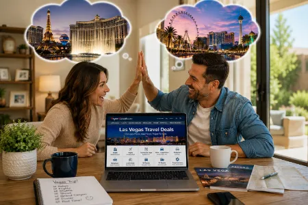 Couple celebrating while planning their Las Vegas vacation on Vegas4Locals.com with dreamlike visions of iconic Las Vegas attractions above them.
