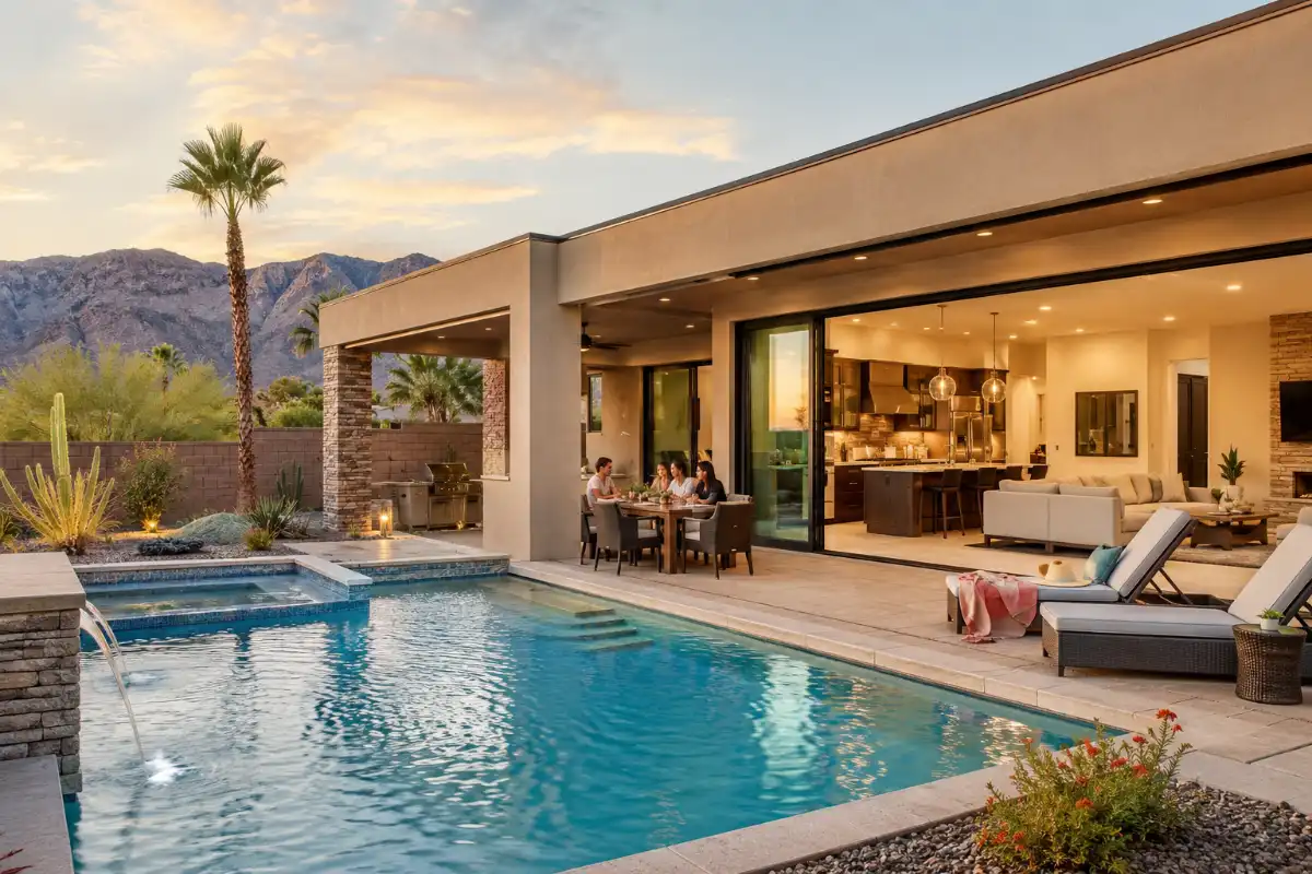 A modern Las Vegas vacation rental with a private pool, outdoor dining area, open kitchen, and desert mountain views.