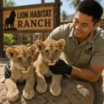 A professional trainer cares for two playful lion cub siblings at Lion Habitat Ranch near Las Vegas.