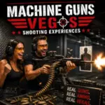 A guest fires a machine gun under instructor supervision during an adrenaline-filled shooting experience in Las Vegas.