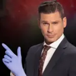 Mike Hammer poses in a suit and tie while wearing a rubber glove on one hand.
