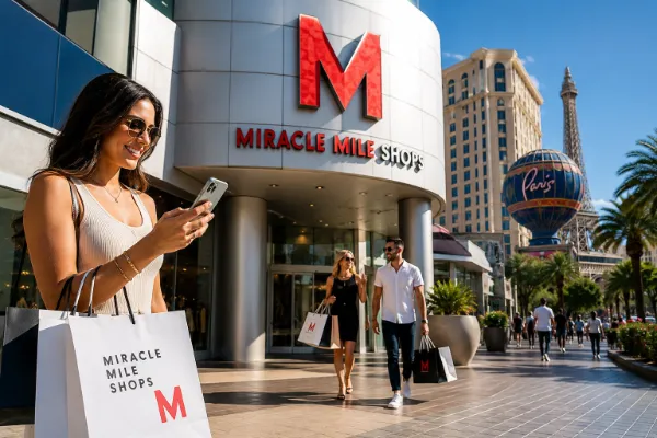 Shopper opening a digital coupon outside Miracle Mile Shops at Planet Hollywood on the Las Vegas Strip
