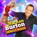 Nathan Burton performing comedy magic onstage.