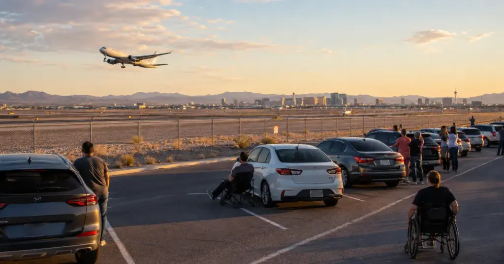 Visitors watch a commercial aircraft approach the runway from the public Sunset Viewing Area beside Harry Reid International Airport in Las Vegas.
