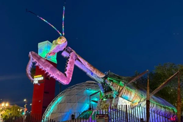 Fire-breathing praying mantis sculpture outside Downtown Container Park in Las Vegas