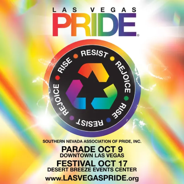 Las Vegas Pride event poster for 2026. Features the 'Las Vegas Pride' logo, a central emblem with a rainbow recycling triangle and the words 'Rise, Resist, Rejoice'