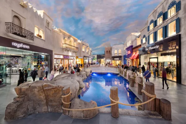 Fog and colored lighting during the free Rain Show at Miracle Mile Shops in Las Vegas