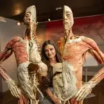 A woman poses for a picture while standing between the split torso of a human body at the Real Bodies exhibit at the Horseshoe Hotel & Casino in Las Vegas.