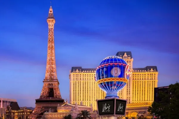 Half-scale Eiffel Tower replica rising above Paris Las Vegas on the Las Vegas Strip