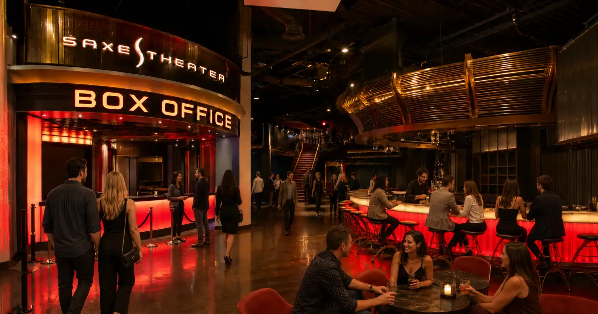 Guests gather in the lounge and bar at Saxe Theater inside Miracle Mile Shops in Las Vegas.